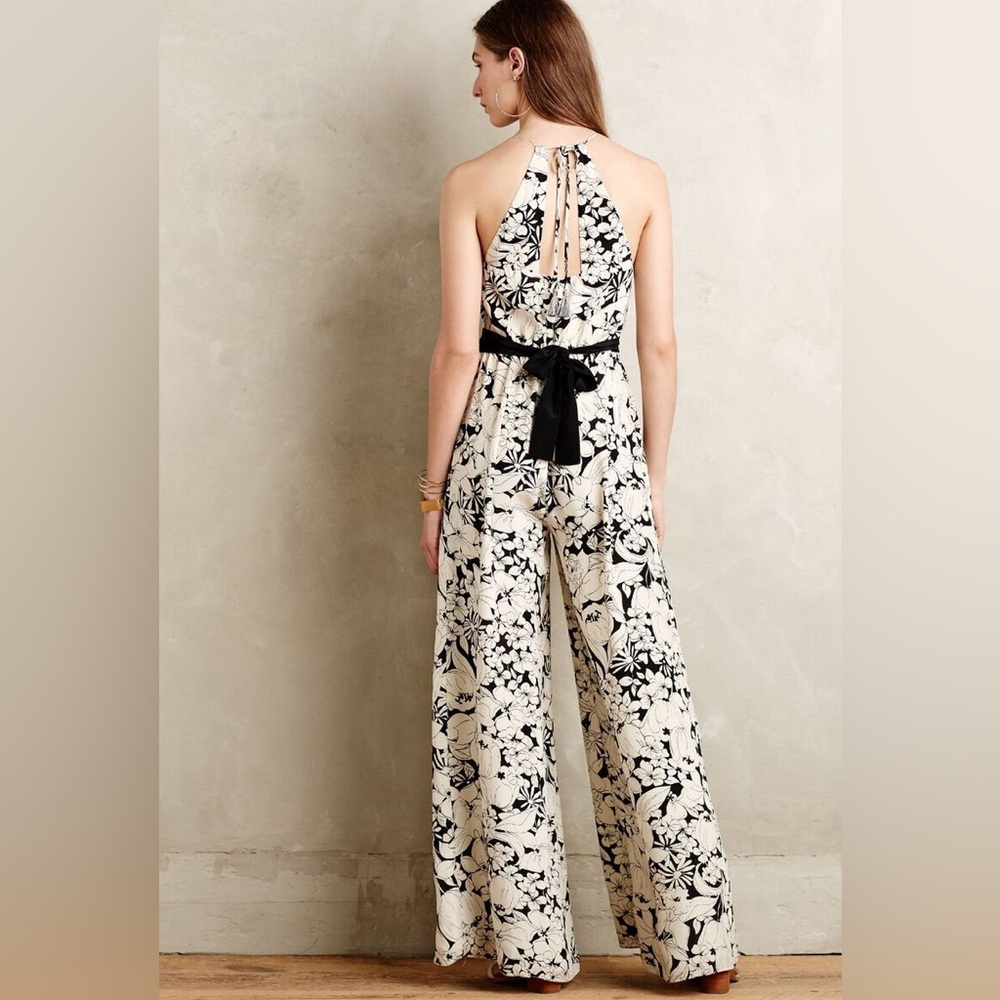 Anthropologie Elevenses Black White Floral Silk Jumpsuit